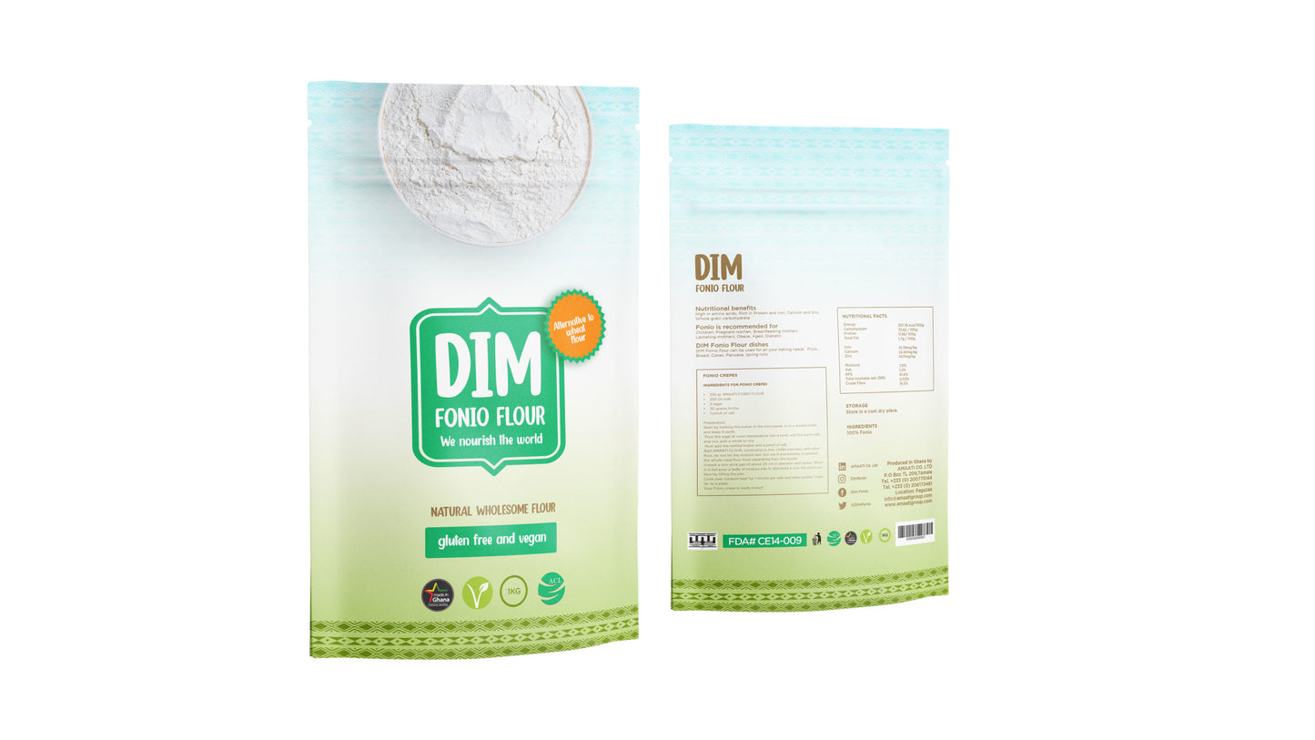Dim Fonio Flour 1kg pack – gluten-free ancient grain superfood flour sustainably produced by women farmers in Ghana.